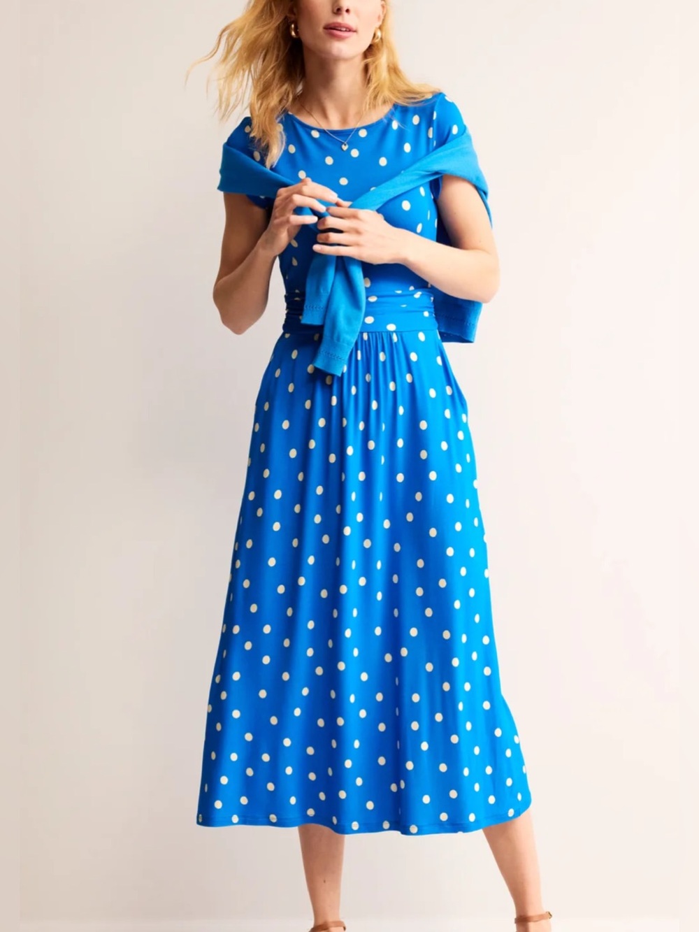 Boden Amelie Jersey Midi Dress Blue White Polka Dot Pockets US 16-18R D0982 - Picture 2 of 10